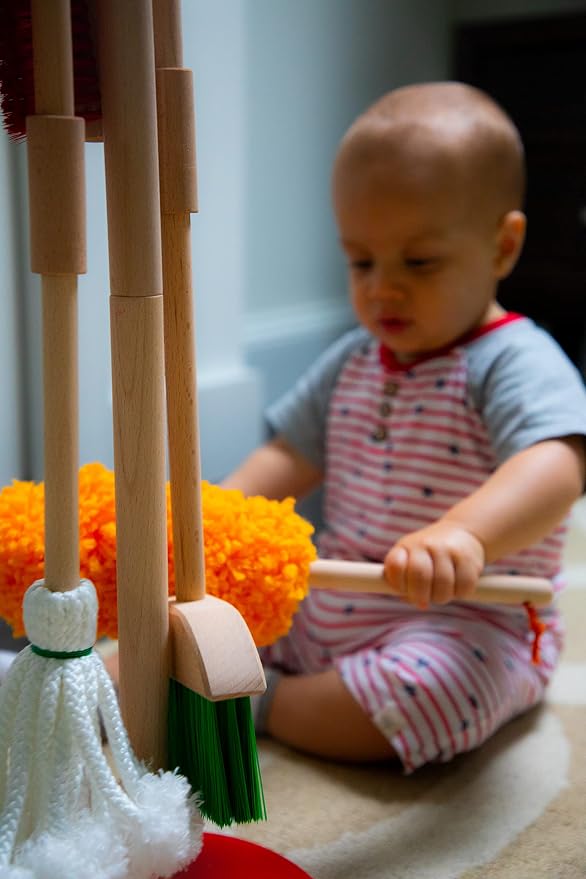 JustForKids Kids Cleaning Set, 6 Pieces - Wooden Pretend-Play Housekeeping Toy with Broom, Mop, Brush, Duster, Dustpan & Hanging Stand, STEM Learning Toy for Toddlers & Kids, Boys & Girls, Multicolor