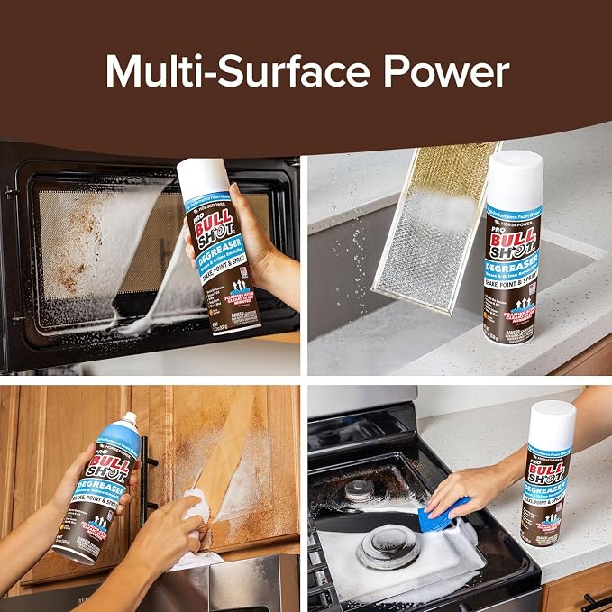 Bull Shot Degreaser Pro, Foaming Degreaser & Grime Remover, Professional Strength AS SEEN ON TV Residue-Free, Shake, Point & Spray, Emulsifies Grease, Oil, Glue, Residue & More - Made in USA - 2PK