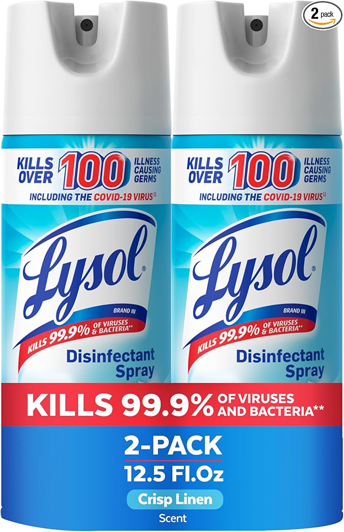 Lysol Disinfectant Spray, Household Cleaning Supplies, Disinfecting Multi-Purpose Room Spray, Antibacterial Sanitizer, Deodorizer, Kills Hantavirus, Crisp Linen, 12.5 Fl Oz (Pack of 2)