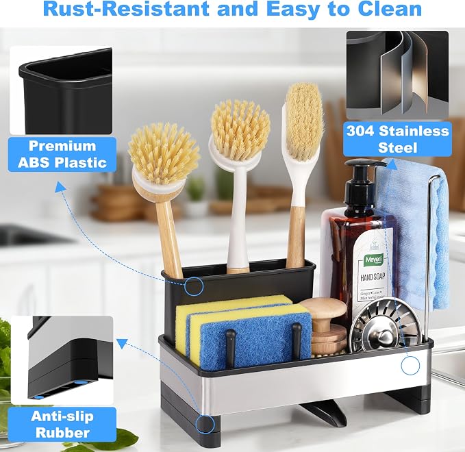 Sponge Holder for Kitchen Sink Caddy Organizer, Dish Brush Holder | Stainless Steel Sponge Caddy for Kitchen Countertop Organizer, Rustproof Dish Soap and Sponge Rack with Dishcloth Drying Rack