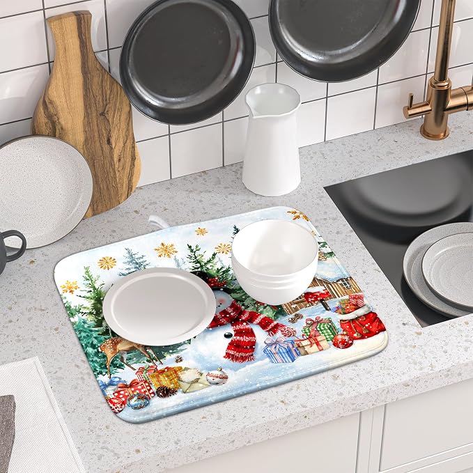 Christmas Kitchen Drying Mat 16 x 18 Inch Winter Snowflake Drying Pad Snowman and Tree Pattern Absorbent Reversible Microfiber Mats Dish Rack Pad Drainer Mat for Coffee Bar Decor