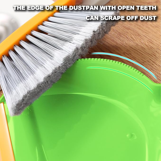 Mini Broom with Dustpan Combo Set Small Dust pan and Brush Set Quick Cleanup Debris Dust for Floor Countertop Worktop Desk Pet Cage (Green+Orange)