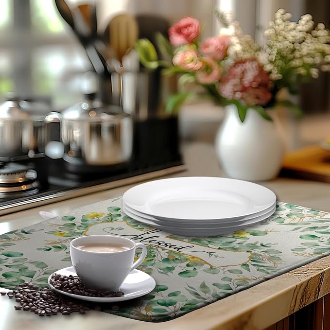 Spring Summer Cross Blessed Dish Drying Mats Spring Eucalyptus Leaves Dish Mat Drying Matt Floral Dishes Dryer Pad for Kitchen Counter Absorbent Microfiber Washable Foldable Reusable 18x24 in