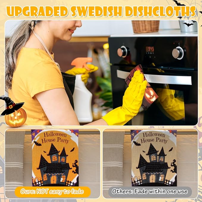 Lucomb 8 Pack Halloween Swedish Dishcloths Reusable, Kitchen Sponges Soft Absorbent Dish Towels Swedish Dish Cloths Washable Decorative for Kitchen Washing Dishes Bathroom Office Hand Towel Cleaning