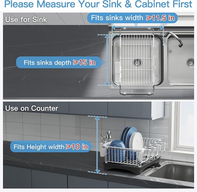 JASIWAY Dish Drying Rack in Sink, Expandable Stainless Steel Dish Drainers with Drainboard for Kitchen Counter, Space Saving Dish Dryer Rack, Over The Sink Dish Racks with Utensil Holder & Cups Holder