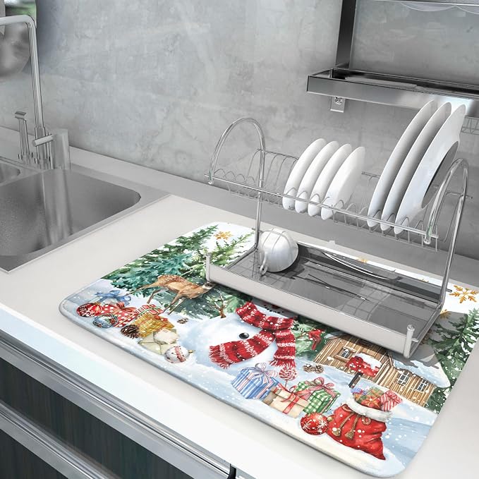 Christmas Kitchen Drying Mat 18 x 24 Inch Xmas Snowman Drying Pad Snowflake and Tree Pattern Absorbent Reversible Microfiber Mats Winter Dish Rack Pad Drainer Mat for Coffee Bar Decor