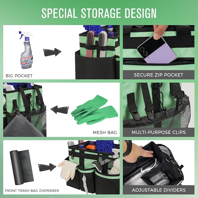 SCAVATA Wearable Cleaning Caddy, Cleaning Caddy Supplies Organizer with Handle & Shoulder Straps for Housekeepers, Under Sink & Car Cleaning Tool Organizers Bag with 4 Foldable Divider (MintGreen)