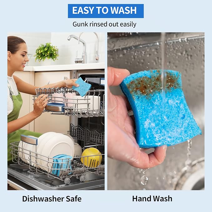 Non-Scratch Cellulose Scrub Sponges 24 Pack, Kitchen Sponge with Double-Side & Ergonomic Design. Sturdy Sponge for Dishes, Coated Cookware, Sink, Countertops.
