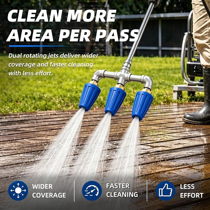 Triple Pressure Washer Turbo Nozzle, 3-Head, 1/4-Inch Quick Connect | 360° rotating power washer nozzle tips, 4000 PSI, 4-6 GPM, 2.0 orifice for driveways, concrete, patios and decks