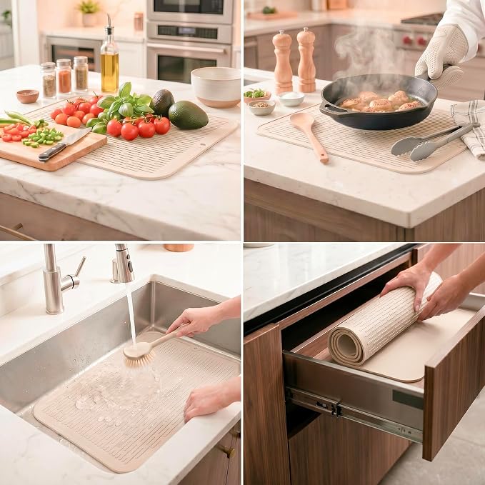 MicoYang Silicone Dish Drying Mat for Multiple Usage,Easy clean,Eco-friendly,Heat-resistant Silicone Mat for Kitchen Counter or Sink,Refrigerator or Drawer Liner Tapioca 2XL 24 inches x 18 inches