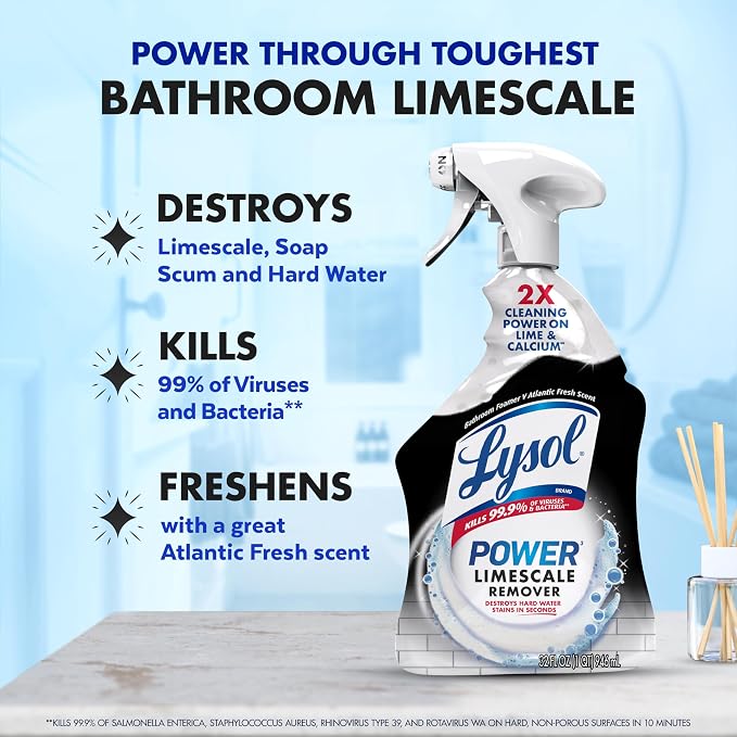 Lysol Power Limescale Remover Bathroom Cleaner Spray, Hard Water Stain Remover, Disinfecting Multipurpose Cleaner for Shower & Bathtub, Tough on Lime & Calcium, 0% Bleach, Atlantic Fresh Scent, 32oz