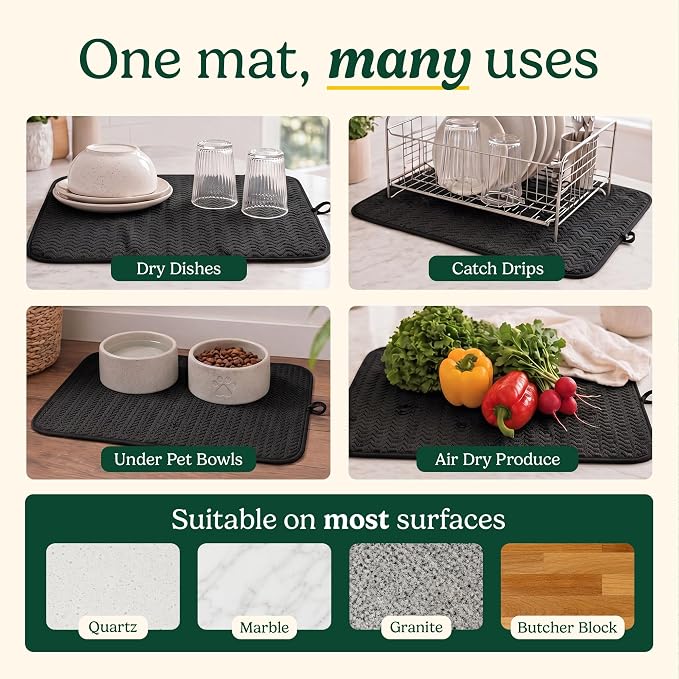 Cuisinart Dish Drying Mat for Kitchen Counter - 2-Pack XL 18x24 Ultra Absorbent Microfiber Dish Mat - Fast Drying, Machine Washable, Foldable Countertop Pad - Safe for Granite & Quartz