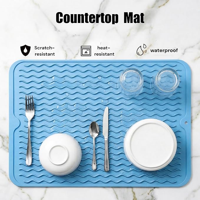 MicoYang Silicone Dish Drying Mat — Quick-Dry Ridges Counter & Sink Pad, Heat-Resistant Trivet to 450°F, Non-Slip & Dishwasher Safe, Roll-Up Storage, 18 Colors & 9 Sizes (Light Blue, 16"×12")