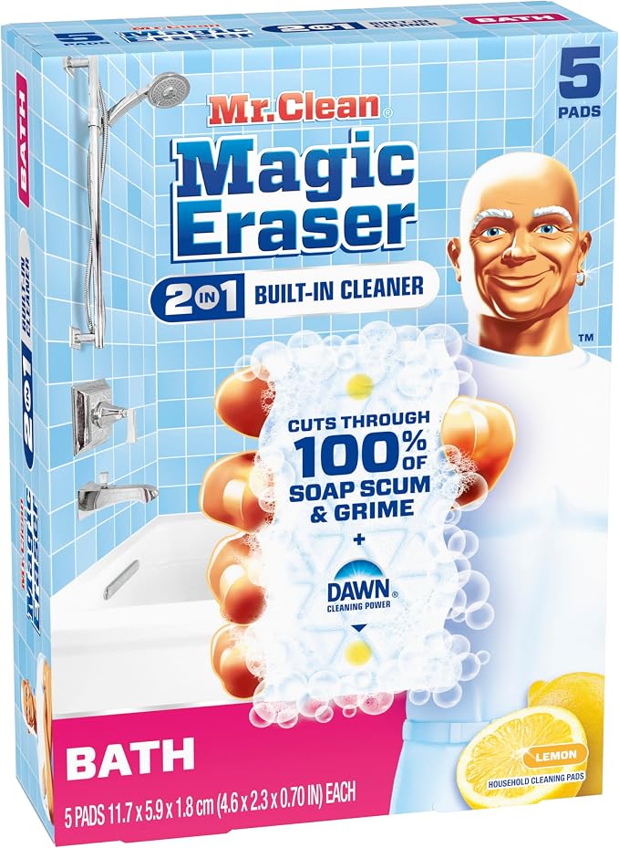 Mr. Clean Magic Eraser Sponge, Bathroom Cleaner, Shower Cleaner, Tub Cleaner, Soap Scum Remover, Bathroom Cleaning Supplies, Dawn Cleaning Power with Lemon Scent, 2 in 1 Bath, 5ct (Pack of 4)