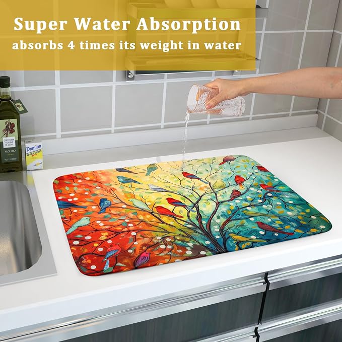 Dish Drying Mat for Kitchen Counter 18x24 Inch Summer Floral Birds Kitchen Drying Mat Fast Dry Absorbent Microfiber Dish Drainer Rack Pad Flower Mat for Countertop Decor