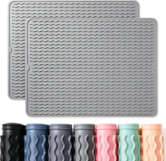 2 Pack Caketime Silicone Dish Drying Mat for Kitchen Counter Heat Resistant Pads Hot Dishes Waterproof with Under Sink Soap Holder Coffee Bar Accessories Women Gifts Extra Large 24"x18" Light Gray