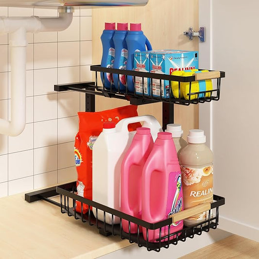REALINN Under Sink Organizer, Height Adjustable 2 Tier Pull Out Cabinet Storage, L-Shaped Drawer Organizer for Kitchen Sink Organizer, Bathroom Organizers and Storage, Smooth Sliding Rails, Black