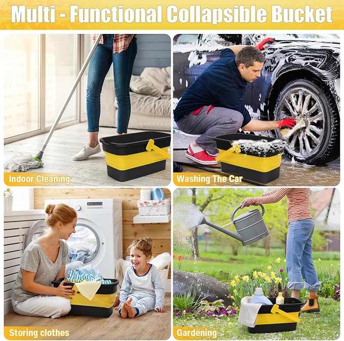 Collapsible Mop Bucket for Cleaning with Handle, Square Foldable Bucket | Silicone Wash Bucket for Windows Cleaning, Car Washing,Portable Plastic Water Bucket for Storage Household Use, 3-Gallon