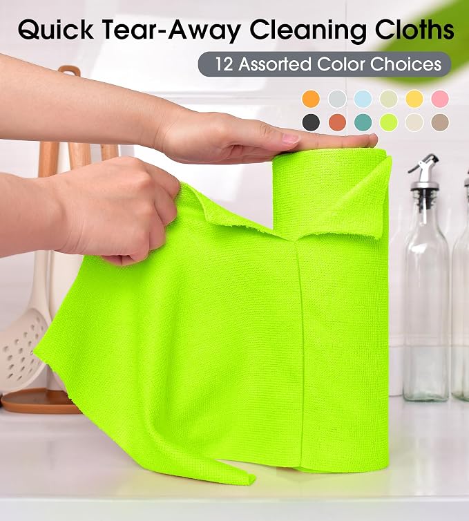 KitchLife Microfiber Cleaning Cloth Roll - Tear-Away Reusable Microfiber Paper Towels, Lint-Free, Washable, 20 Sheets for Kitchen, Car, Dishes, and Sensitive Surfaces (Neon Green)