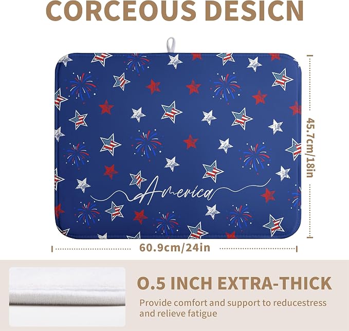4th of July Dish Drying Mat America Stars Fireworks Blue Drying Mat 18x24 Inch Patriotic Memorial Independence Day Microfiber Absorbent Dish Drainer Rack Mats for Kitchen Counter
