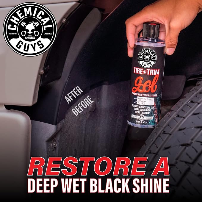 Chemical Guys, Tire & Trim Gel for Plastic & Rubber, Restores Shine, 16 oz | Thick gel restores faded tires, trim and bumpers with a deep shine and a protective layer, non-greasy
