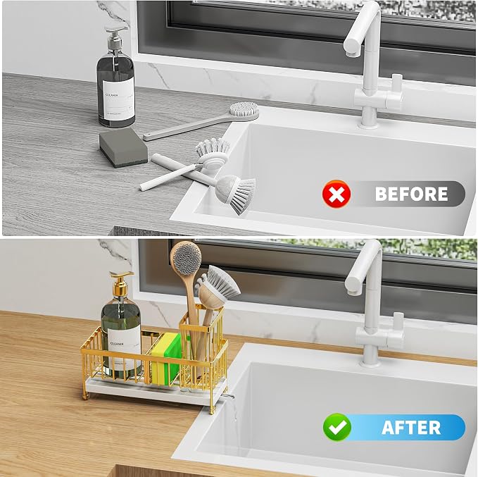 Cisily Sponge Holder for Kitchen Sink, Sink Caddy Organizer with High Brush Holder, Kitchen Countertop Organizers and Storage Essentials, Rustproof 304 Stainless Steel (Gold, 9.25″)