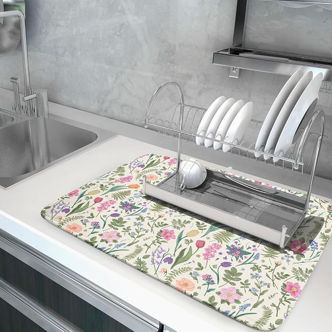 Spring Floral Dish Drying Mat for Kitchen Counter 18x24 Pink Sage Green Flower Vintage Botanical Print Absorbent Reversible Microfiber Drying Mats Kitchen Countertop Protector Dishes Drainer Rack Pad