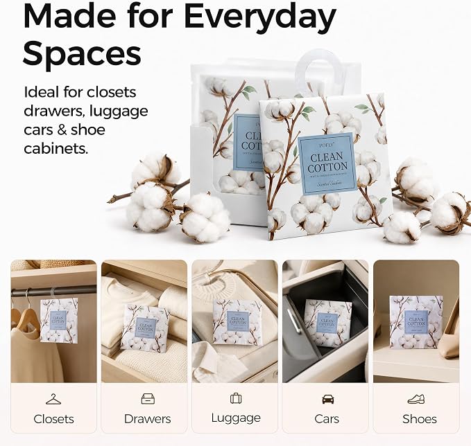 12 Pack Clean Cotton Scented Sachets, Air Freshener for Small Spaces | Hanging Sachet Bags with Retractable Hook; Closet Deodorizer & Odor Eliminator for Drawers, Shoe Cabinets, Cars & Luggage