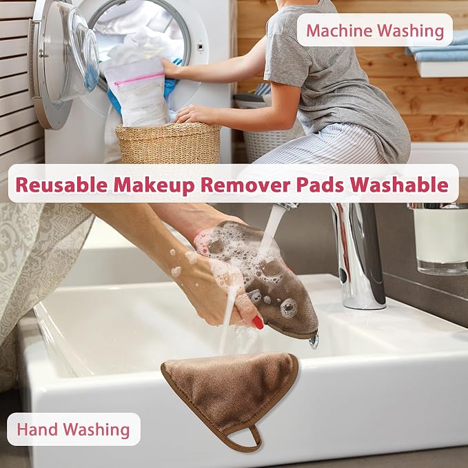 Natwag Makeup Remover Cloth, 6" x 6" Make Up Towels Reusable Face Cloth for Washing Face, Makeup Remover Pads Microfiber Face Washcloth with Mesh Bag, Just Water, 12 Pack, Brown