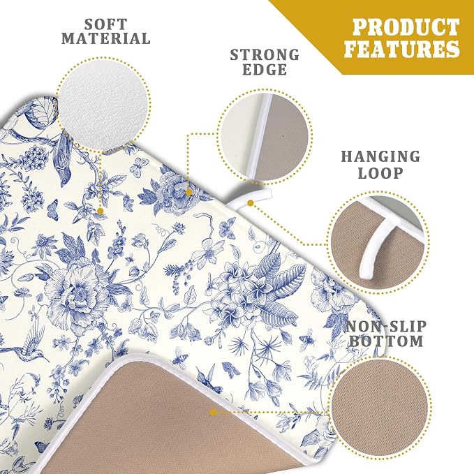 Giwawa Chinoiserie Flower Dish Drying Mat Blue Leaves Dishes Drying Pad Reusable Washable Kitchen Countertop Protector Dish Drainer Mat 16x18 Inch