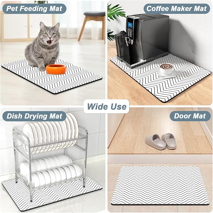 Rnivvi Coffee Mat, 12" x 19" Cute Coffee Bar Mats for Espresso Machine Station Accessories and Organizer, Hide Stain Rubber Backed Absorbent Dish Drying Pad for Kitchen Counter, White Strip