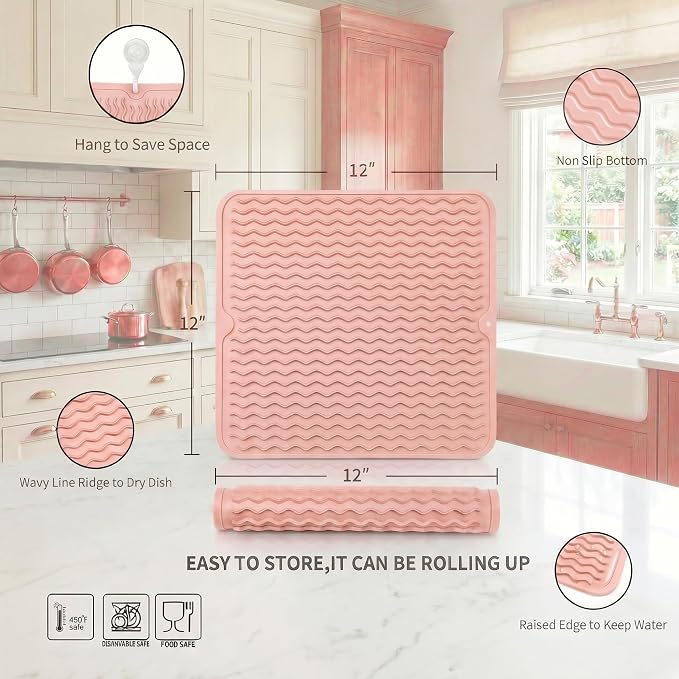 MicoYang Silicone Dish Drying Mat for Multiple Usage,Easy clean,Eco-friendly,Heat-resistant Silicone Mat for Kitchen Counter or Sink,Refrigerator or Drawer liner Pink M 12 inches x 12 inches