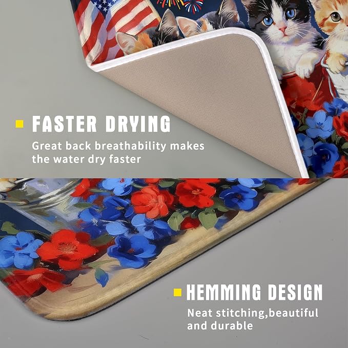 4th of July Dish Drying Mat Patriotic Cats Dish Drying Rack Mat for Kitchen Counter Small