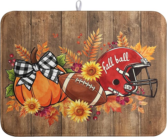 Fall Pumpkin Dish Drying Mats Thanksgiving Dish Mat Football Wood Drying Matt Dishes Dryer Pad for Kitchen Counter Absorbent Microfiber Washable Foldable Reusable 18x24 in