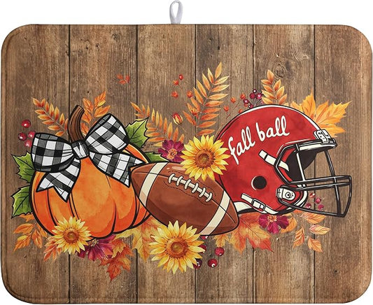 Fall Pumpkin Dish Drying Mats Thanksgiving Dish Mat Football Wood Drying Matt Dishes Dryer Pad for Kitchen Counter Absorbent Microfiber Washable Foldable Reusable 18x24 in
