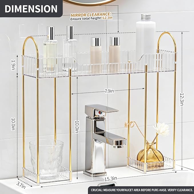 YCIA&DONE Bathroom Countertop Organizer Over the Faucet, Narrow Counter Organizers Above Sink, Table Mounted Shelf for Kitchen, Toilet, Laundry(White Clear)