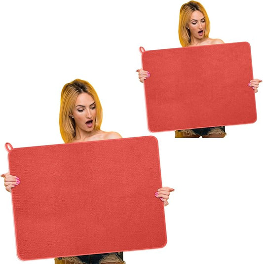 Hushee 2 Pack Extra Large Dish Drying Mat Microfiber Absorbent Dish Drying Pad Large Size Dishes Drainer Mats for Countertop, Sink, Refrigerator or Dryer (30 x 24 Inch,Red)