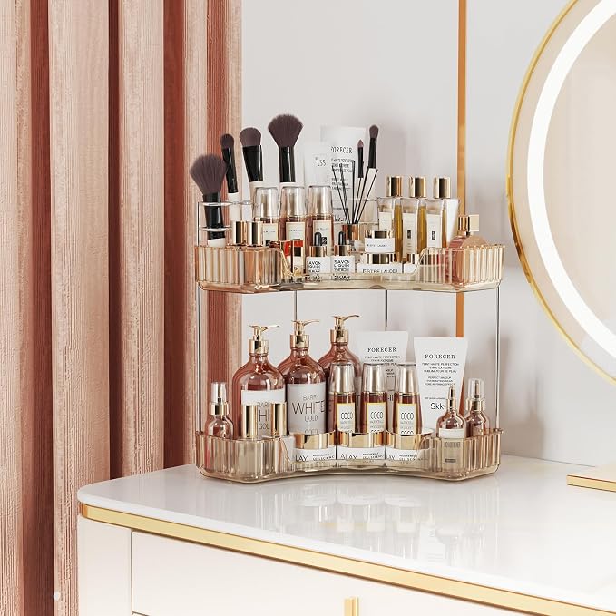 Asayuee 2-Tier Corner Bathroom Counter Organizer with Top Toothbrush Holders,Large Makeup Organizer Countertop with Brush Holder,Skincare Organizers Corner,Exquisite Vanity Organizer (Gold, 2 Tier)