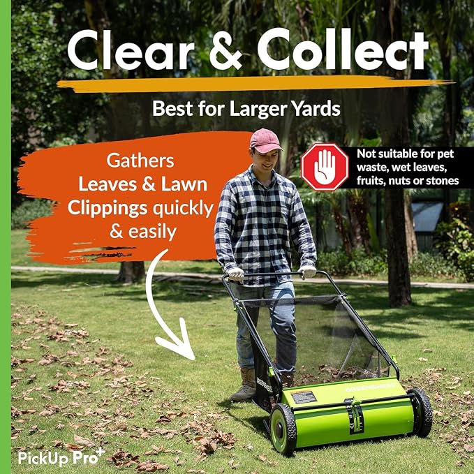 GreenSweep Pickup Pro XL V26 Garden Sweeper – Manual Push Lawn Sweeper for Leaves, Grass Clippings & Garden Debris – Adjustable Height Leaf Collector
