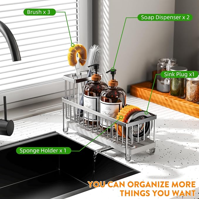 Cisily Sponge Holder for Kitchen Sink, Sink Caddy Organizer with High Brush Holder, Kitchen Countertop Organizers and Storage Essentials, Rustproof 304 Stainless Steel (Large Silver, 10.62″)