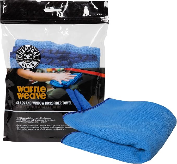 Chemical Guys Waffle Weave Glass Cloth Microfiber Towel, Blue, 24 x 16 | Waffle-weave towel wipes glass, mirrors and windows streak-free, scratch-safe for cars, trucks and home