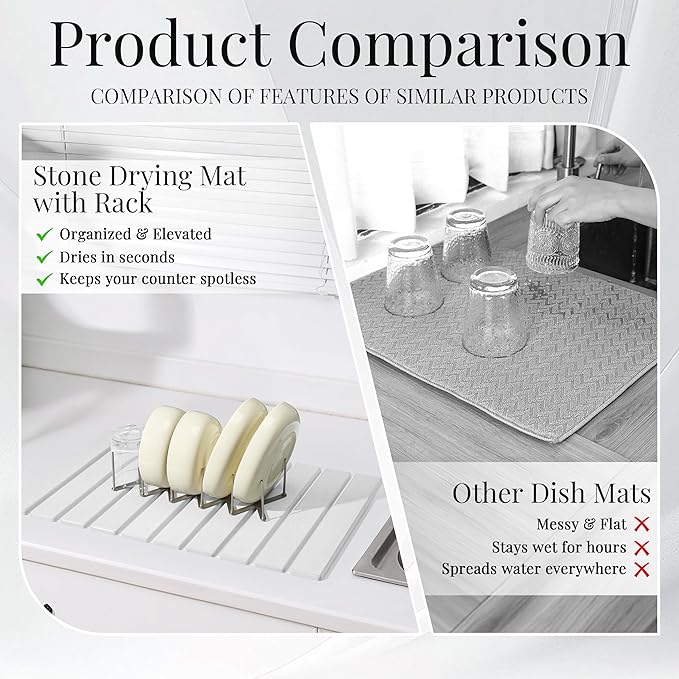 Diatomaceous Stone Dish Drying Mat with Collapsible Rack | Steel Rack, Quick Dry, Space Saving, Foldable Dryer, Kitchen Counter Set
