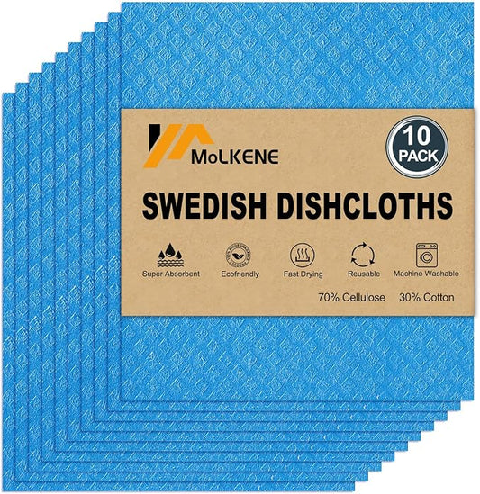 MoLKENE Swedish Dishcloths - 10 Pack Reusable Kitchen Dishcloths - Ultra Absorbent Dish Towels for Washing Dishes - Cellulose Sponge Cloth Cleaning Cloths - Blue