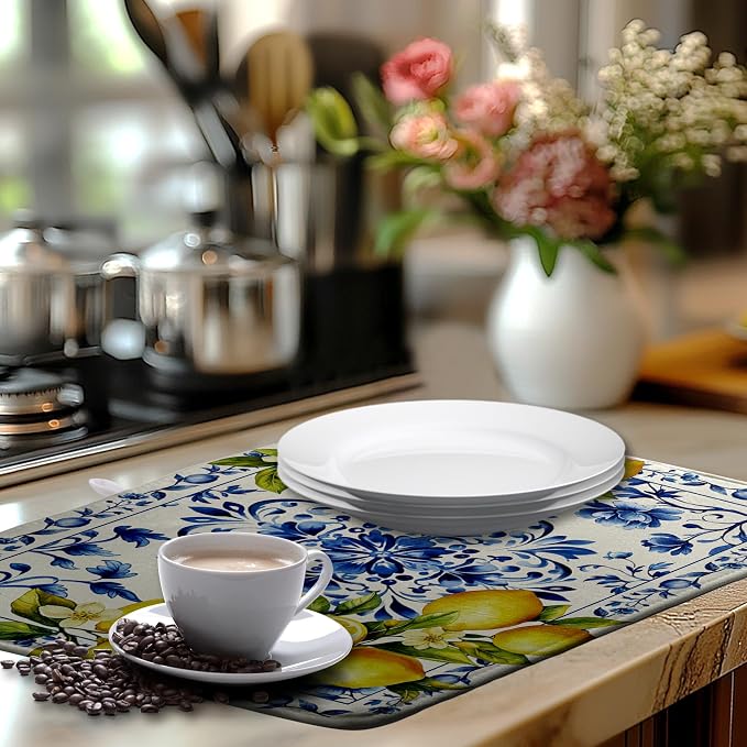 Lemon Dish Drying Mats Spring Summer Dish Mat Blue Chinoiserie Floral Drying Matt Dishes Dryer Pad for Kitchen Counter Absorbent Microfiber Washable Foldable Reusable 18x24 in