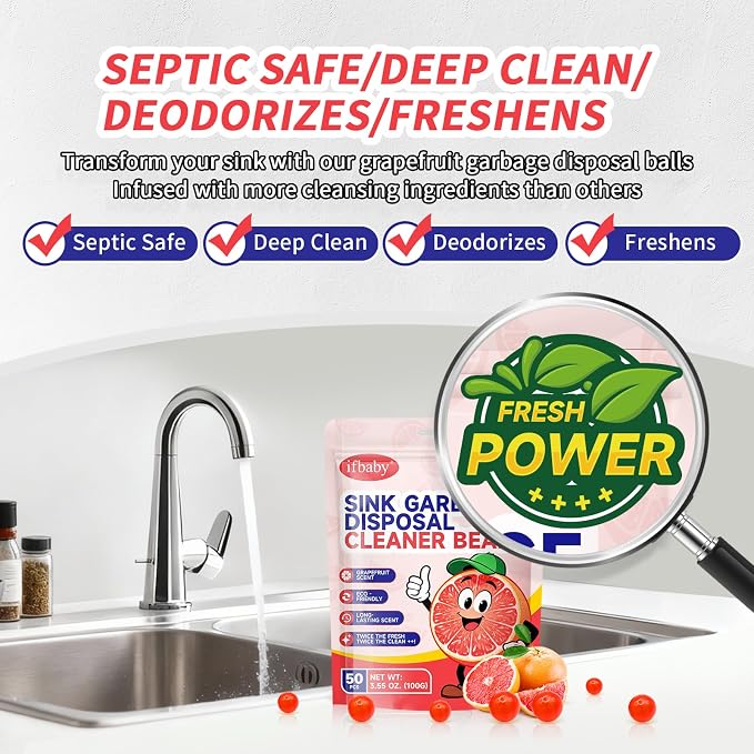 50 Count Garbage Disposal Cleaner and Deodorizer – Sink Odor Eliminator, New Powerful Grapefruit Zest Scented Kitchen Sink Freshener Pods& Drain Odor Eliminator Disposer Care Balls