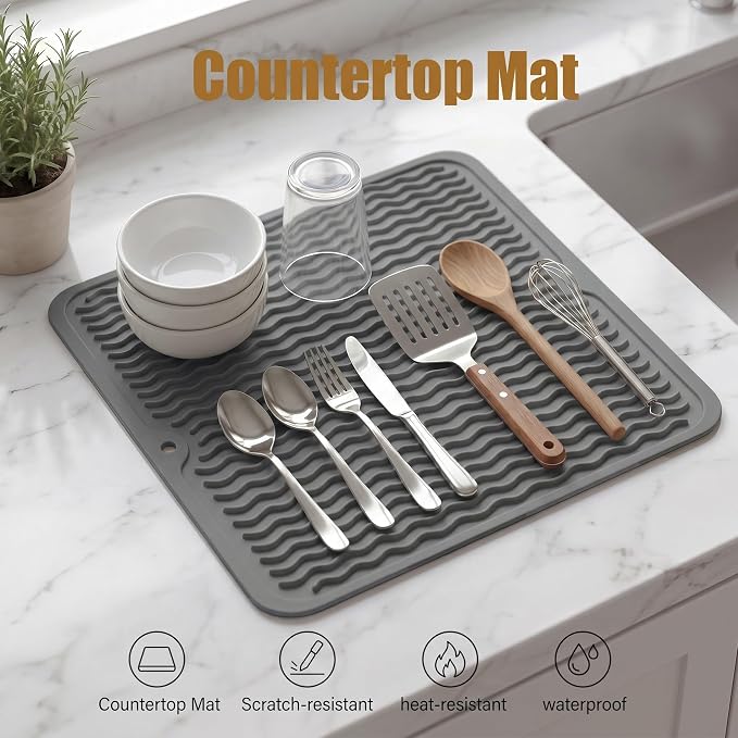 MicoYang Silicone Dish Drying Mat for Multiple Usage,Easy clean,Eco-friendly,Heat-resistant Silicone Mat for Kitchen Counter or Sink,Refrigerator or Drawer liner Grey M 12 inches x 12 inches