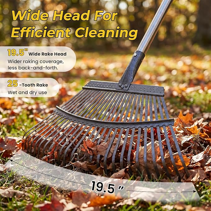 Rake for Leaves - 25 Tines Heavy Duty Metal Rake Set with Leaf Scoops & 53 Gallon Bag, Adjustable 67.5" Garden Rake, 3-in-1 Tool for Yard Pine Needle Grass Cleanup