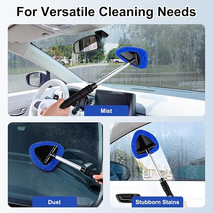 JUSTTOP Windshield Cleaner Tool, Car Interior and Exterior Window Cleaning Kit with Extendable Handle & 4 Reusable Microfiber Pads, Auto Glass Wiper Brush Kit for Car & Home Windows (Blue)