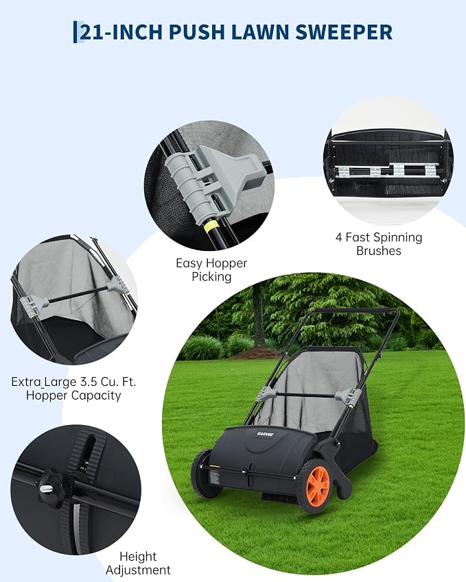 21-Inch Push Lawn Sweeper, 3.5 Cu. Ft. Hopper Leaf & Grass Collector, 4 Spinning Brushes, Adjustable Brush Height, Manual Yard Sweeper for Grass Clippings, Leaves & Light Debris, Black & Orange | 4 Spinning Brushes, Adjustable Brush Height, Manual Yard...