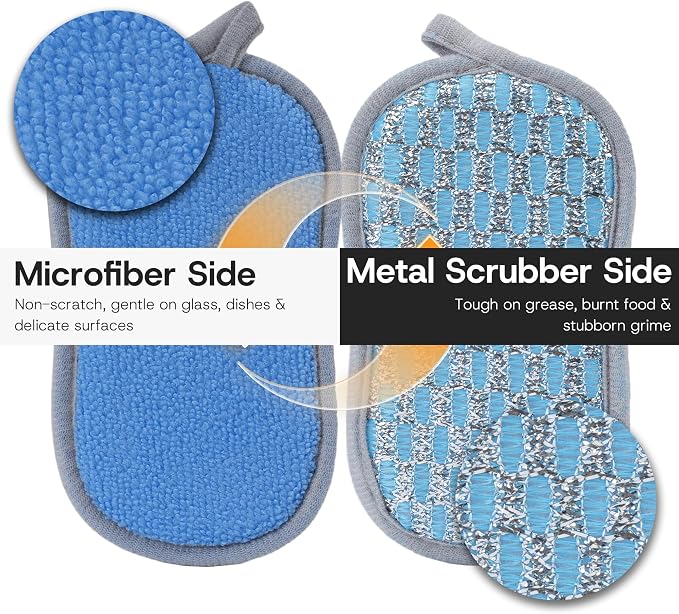 Multi-Purpose Scrub Sponges Kitchen – 12 Pack Dish Sponge, Dual-Sided Non-Scratch Microfiber & Metal Scrubber, Reusable Sponges for Dishes, Pots, Glass, Sink, Stovetop & Bathroom (Blue)